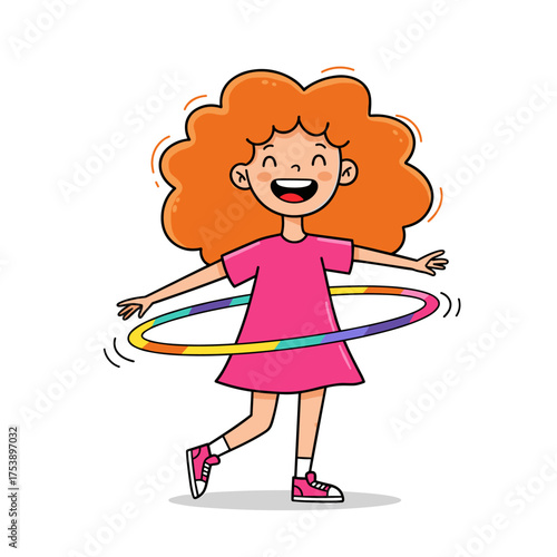 A joyful cartoon girl with bright orange, curly hair is happily hula hooping with a colorful hoop.