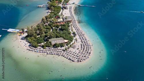 Fototapeta Naklejka Na Ścianę i Meble -  Aerial view of the famous Blue Lagoon beach in Oludeniz, Fethiye, Turkey