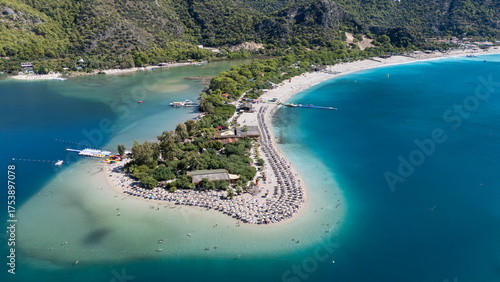 Fototapeta Naklejka Na Ścianę i Meble -  Aerial view of the famous Blue Lagoon beach in Oludeniz, Fethiye, Turkey