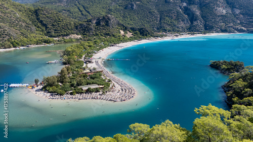 Fototapeta Naklejka Na Ścianę i Meble -  Aerial view of the famous Blue Lagoon beach in Oludeniz, Fethiye, Turkey