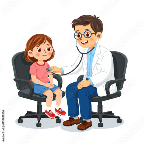 Friendly male doctor using stethoscope to examine worried little girl during routine checkup