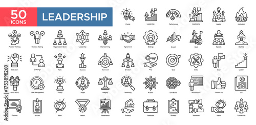 Leadership collection set. Perfomance , Leadership, Brainstroming, Decision Making ,Goal, Motivation ,Agreement, Teamwork, icon. Simple outline vector illustration