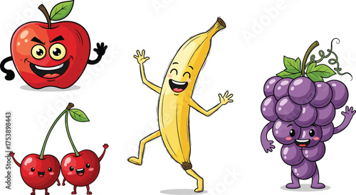 Funny cartoon fruits characters banana apple cherry grape illustration, cute happy fruit vector art, healthy food mascot design