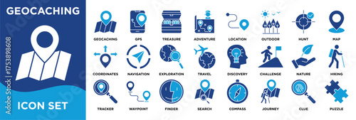 Geocaching  icon collection set. Containing geocaching, treasure, adventure, location, outdoor, hunt icon. solid vector.