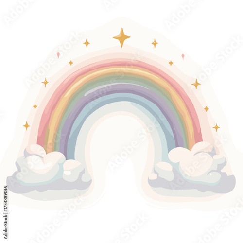 Pastel rainbow arches over fluffy clouds with sparkling stars in a dreamy sky scene