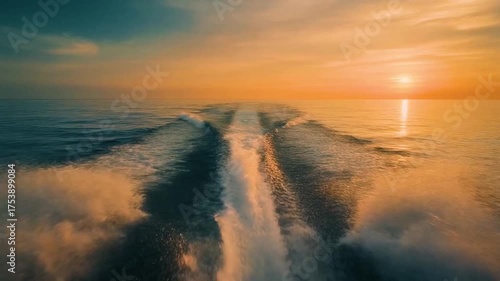 洋上の航跡と夕陽