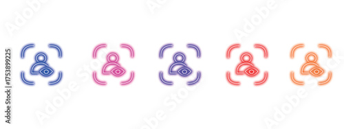 Set of abstract human eye icons with radiating lines in colorful neon style, representing surveillance, observation, security, and digital monitoring concepts	