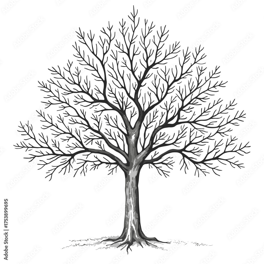 Obraz premium Detailed monochrome drawing of a bare tree in winter against a white background