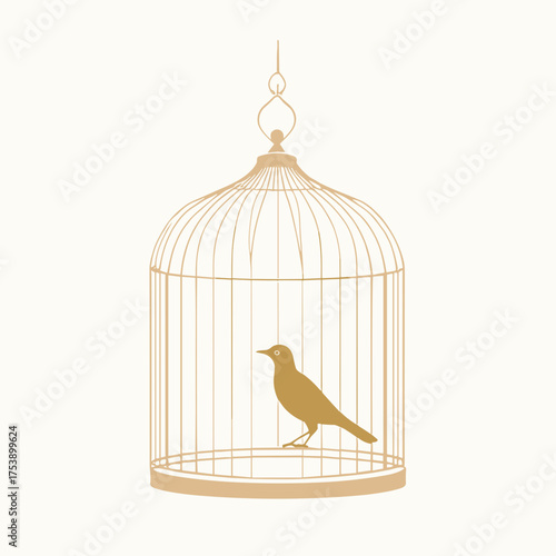 Elegant bird inside a vintage cage illustration conveying themes of freedom and captivity