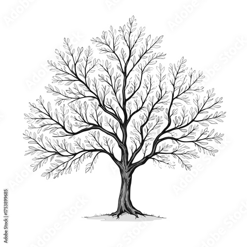 Detailed black and white illustration of a mature tree with full foliage in summer
