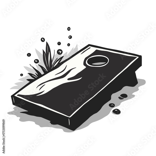 Hand drawn cornhole board illustration with grass and a hole for beanbag toss game