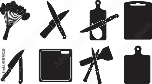 Kitchen knife and cutting board silhouette vector set, black utensil and cooking tool illustration for restaurant, food, chef design