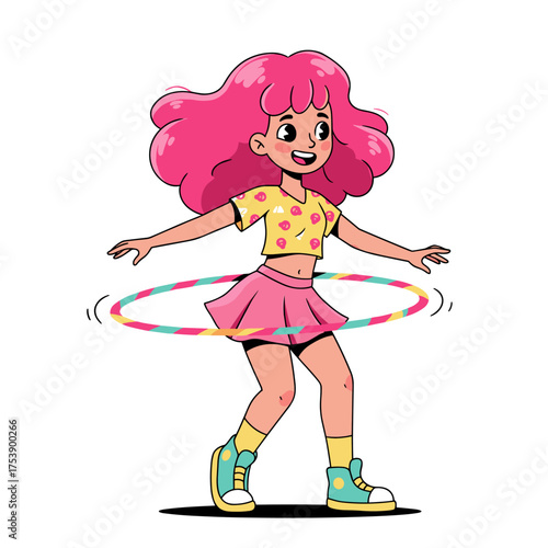 A cheerful cartoon girl with voluminous pink hair is hula hooping while wearing a crop top and pink skirt.