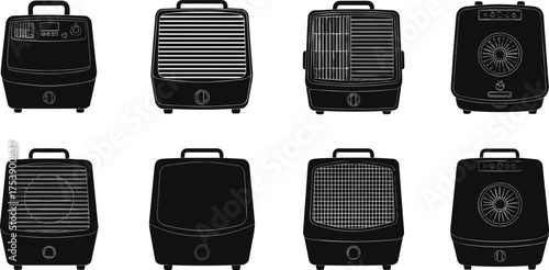 Modern portable air coolers collection, electric fan appliances, cooling devices, black silhouette design, household electronic equipment, summer ventilation illustration concept