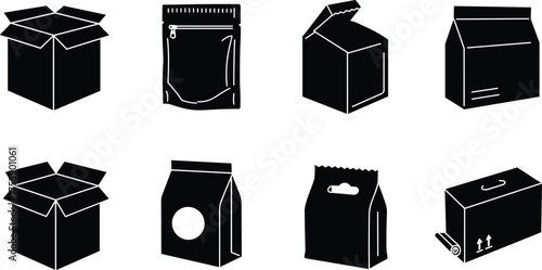 Packaging box icons, paper bag silhouette, product package design, shipping container, retail pack, food bag, delivery parcel, eco package, carton box, black vector illustration