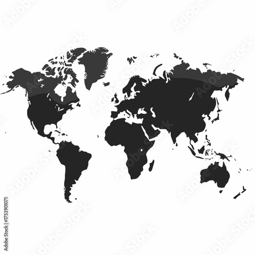 Detailed world map illustration showing continents and landmasses in dark gray color