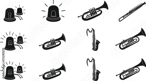 Musical instrument and alarm siren vector set, trumpet, saxophone, clarinet, emergency light icons, black silhouette, isolated illustration collection