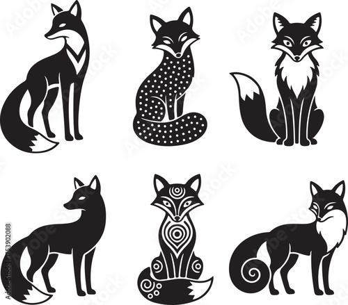 Fox Illustrations: Six stylized fox illustrations in black and white, showcasing various poses and intricate designs.
