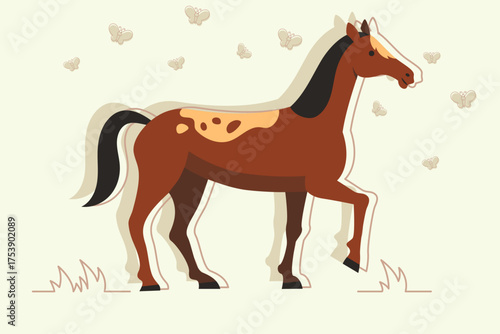 Brown horse with light-colored mane strolling through grassy area. Butterflies fluttering around horse, creating peaceful outdoor scene during day