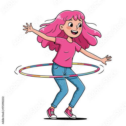 A happy cartoon girl with flowing pink hair is energetically hula hooping with a colorful hoop.
