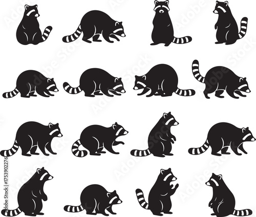 Playful Raccoons: A charming group of illustrated raccoons in various poses, exuding personality and curiosity. They capture the essence of wildlife mischief and urban adaptation.