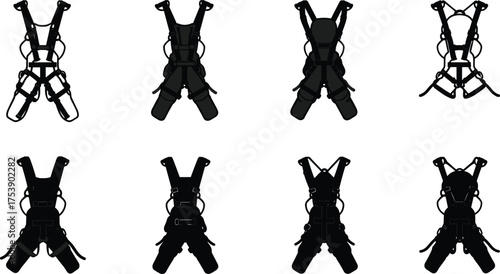Safety climbing harness silhouette collection, industrial rope access gear, rescue equipment vector illustration, protective belt design for safety work
