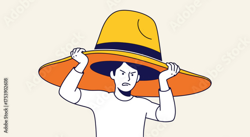 Frustrated Young Man Lifting Oversized Sombrero Cartoon