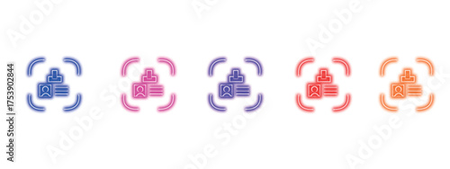 Set of five colorful identity card icons with user profile silhouette and lines representing text, perfect for representing identification badges, personal data, access control, and digital profiles i