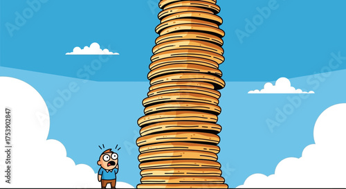 Shocked Person Staring at Impossibly Tall Skyscraper Pancake Tower