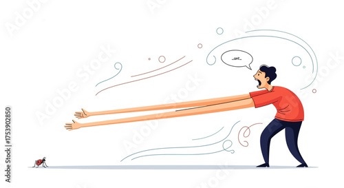 Person with Exaggerated Stretched Arms Reaching for Tiny Ant Illustration