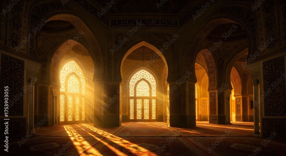 Obraz premium Majestic Islamic Mosque Interior with Golden Sunbeams Streaming Through Ornate Windows