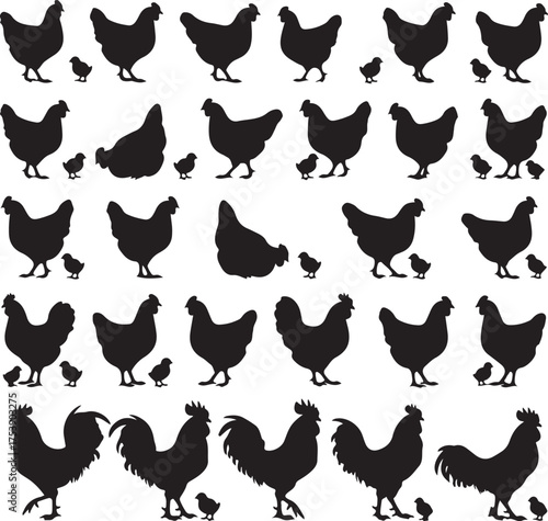 Chicken and Chick Silhouette Pattern: A visually striking pattern showcases the silhouette of chicken and their adorable chicks, perfect for design projects.