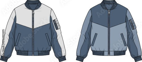 Two tone bomber jacket cad drawing flat vector illustration, modern unisex outerwear fashion design, stylish front view clothing template
