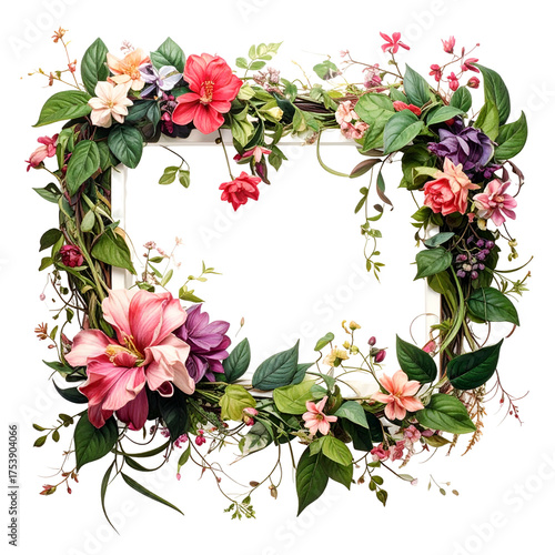 Vibrant floral wreath adorns a square frame, creating a decorative element.