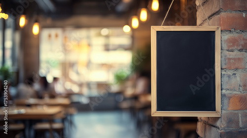 Hanging by twine, a blank chalkboard sits against weathered brick wall, ready to display the specials of restaurant softly lit amber pendant lights.