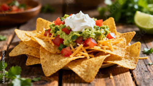 Delicious Nachos Platter: A vibrant and mouthwatering platter of nachos piled high with fresh guacamole, diced tomatoes, shredded cheese, and a dollop of creamy sour cream.