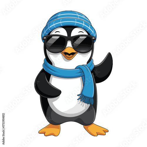 3d penguin in glasses with a snowboard