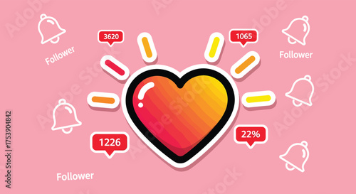 Heart symbol surrounded by notification bells indicates social media popularity and engagement on a pink backdrop, representing online influence and community building.