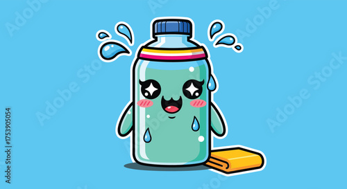 Cute water bottle character sweating after a workout with a towel on a blue surface, conveying a sense of exercise and healthy lifestyle.