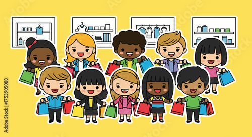 Diverse group of cartoon shoppers holding shopping bags in a brightly lit store, enjoying a successful shopping trip with smiles and excitement.