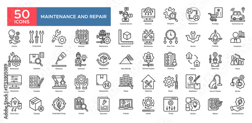 Maintenance And Repair collection set. Customer Service , Disruption, Brainstroming, Maintenance ,Solution, Service ,Technical Support, Repair, icon. Simple outline vector illustration
