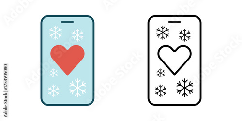 Social media likes snowing icon with a phone showing hearts and snowflakes. Perfect for digital celebration, christmas engagement themes, and festive communication design.