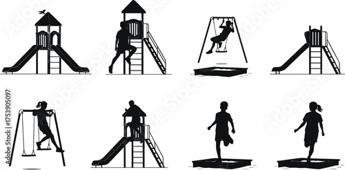 Silhouette kids playing on playground, children sliding on slide, swinging on swing, outdoor park fun, childhood activity vector illustration