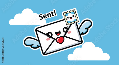 Cute envelope character flies through the sky with a stamp, sending a message of love and happiness on a bright, cheerful day.
