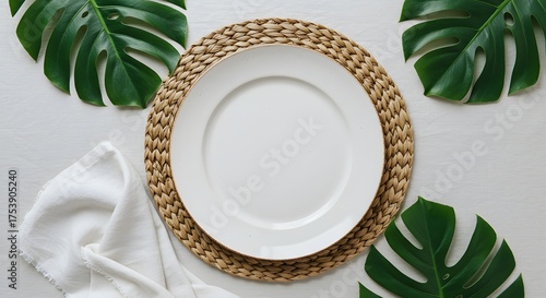 Minimalist Table Setting with White Plate, Woven Placemat, White Napkin, and Monstera Leaves