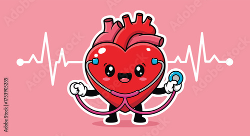 Cartoon heart character holding stethoscope with heartbeat line on pink backdrop, promoting cardiac health and wellness with a playful and educational theme.