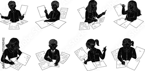 Silhouette students writing exams, children studying with test papers, classroom education, school assignments, academic evaluation, learning activities, examination results illustration