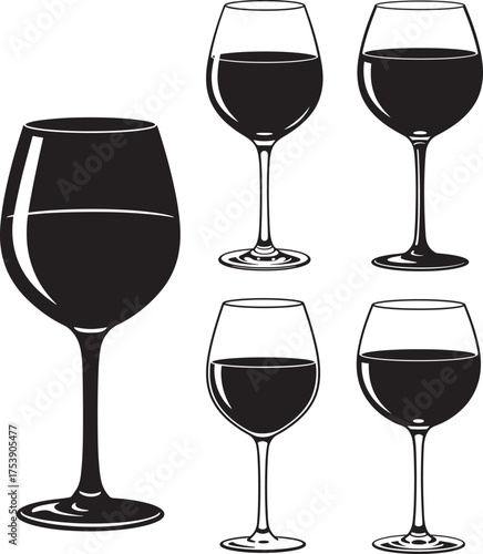 Collection of five red wine glasses silhouette