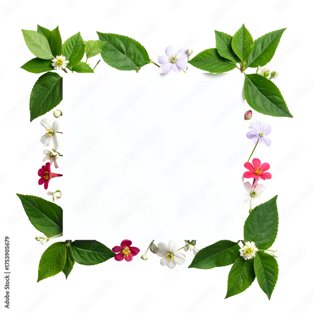 Fototapeta premium Square blank paper framed by green leaves and diverse small blossoms.