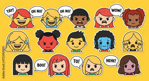 Diverse group of cartoon people expressing various emotions with speech bubbles on a yellow background, showcasing a range of feelings and reactions.